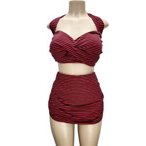 Bandeau Halter 2 Piece High Waist Ruched Swimsuit Womens 3X Black Red Striped